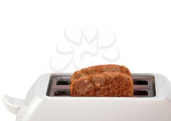 Toaster with two bread slices isolated on white background