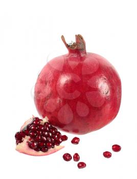 Pomegranate fruit and seeds isolated on white background
