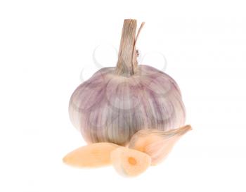 Garlic head and cloves isolated on white background