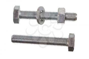 Two metal bolts with nut and shim isolated on white background