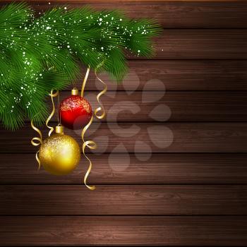 Vector illustration Christmas tree with balls in wood background