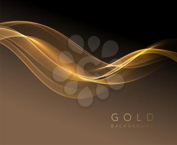 Abstract shiny golden wavy design element. Flow gold wave on dark background. Fashion motion design for website and advertising banner, gift voucher