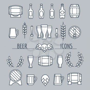 Beer icons set isolated on grey. Barrels bottles hop wheat vector icons