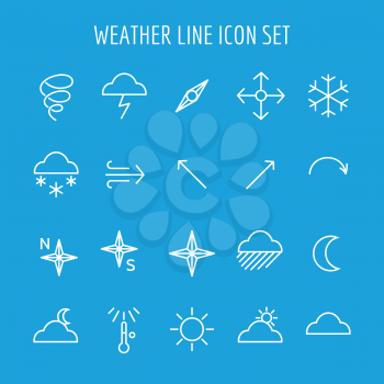 Blue and white weather line icon set vector