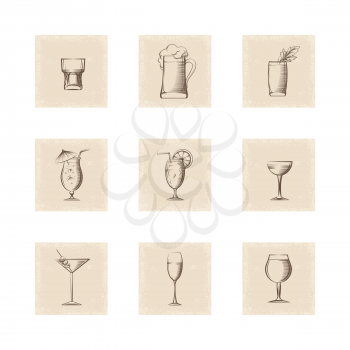 Grunge style drinks icons set vector illustration
