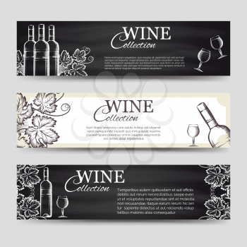 Horizontal banners set. Wine banners vector with glasses bottles and grapes branches