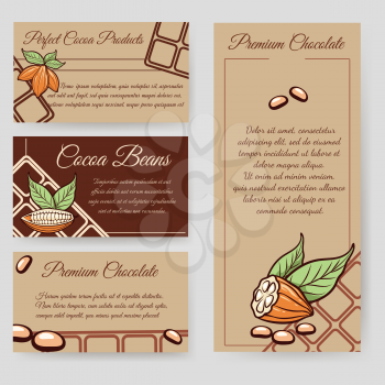 Cocoa beans and chocolate beans flyer and personal cards set. Vector illustration