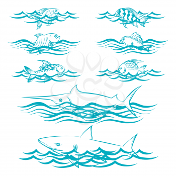 Hand drawn fish in the waves isolated on white background. Vector illustration