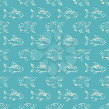 Seamless pattern with hand drawn fish on blue background. Vector illustration