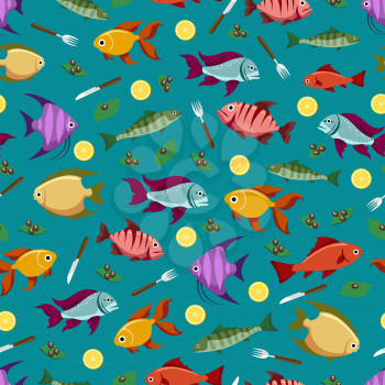 Colorful seamless pattern with fish lemon and olive. Sea food pattern vector design