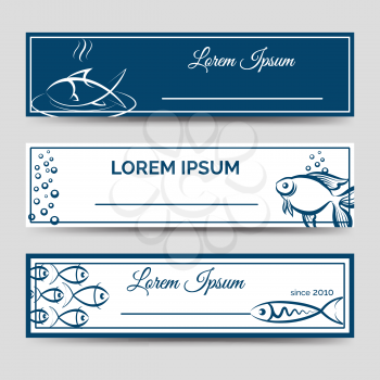 Horizontal banner set with fish. Sea food dishes advertising vector illustration