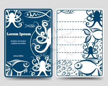 Sea food restaurant brochure flyer template with fish and octopus. Vector illustration