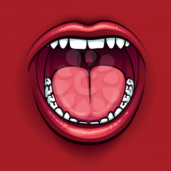 Screaming mouth with red lips on red background. Wide open mouth icon. Vector illustration