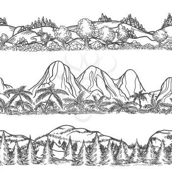 Mountains and forest hand drawn patterns. Forest and Mountains endless landscapes. Nature doodle horizontal seamless vector landscapes