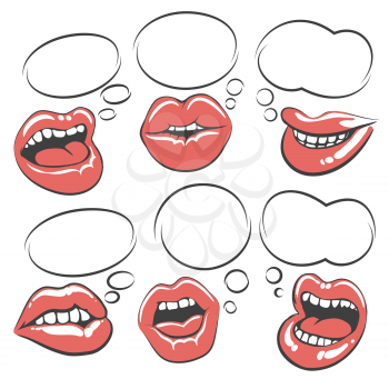 Pop art lips with speech bubble. Mouth with speech bubble set. Vector illustration