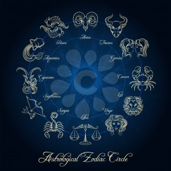 Astrological zodiac circle. Horoscope zodiac wheel with hand drawn zodiac signs