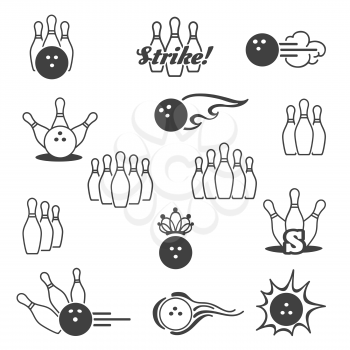 Bowling icons. Bowling signs and bowling pictograms. Vector illustration