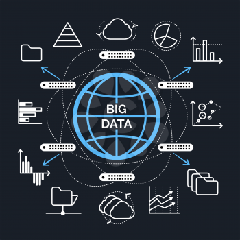 Big data concept. Line icons connected in circle map. Vector illustration