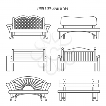 Thin line park wooden bench set. Vector icons