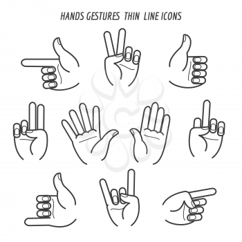Hands gestures black thin line icons on white backgound. Vector illustration