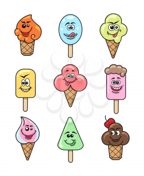 Kawaii ice cream icon set. Different shapes colorful images on white background. Vector illustration