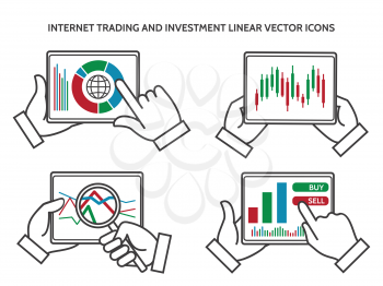 Stock exchange business hands. Internet trading and investment linear vector icons