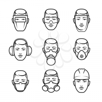 Occupational safety. Protection glasses and a dust mask, hard hat and headphones for work. Vector illustration