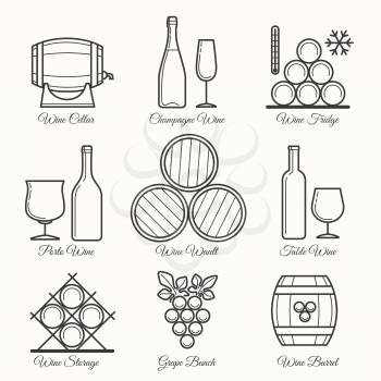Wine line icons. Winemaking process and drinking thin line signs. Vector illustration
