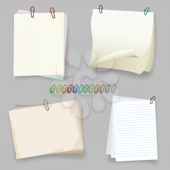 Sheets with paper clip. Colorful paperclips vector illustration