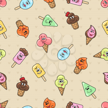 Seamless pattern with cartoon character ice cream on background with hearts. Vector illustration