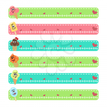 Web forum banners set with cartoon character ice cream and hearts. Vector illustration