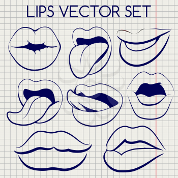 Lips silhouettes imitation ball pen vector on notebook page
