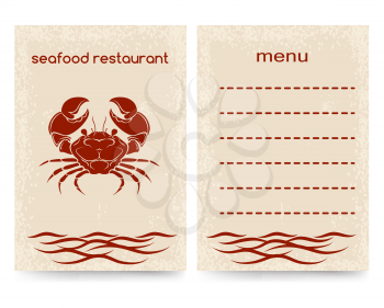 Brochure flyer template for seafood restaurant menu. Front and rear side vector illustration