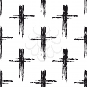 Seamless pattern with black grunge crosses on white background. Vector illustration