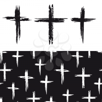 Seamless pattern with white cross and grunge black crosses icons isolated on white. Vector illustration