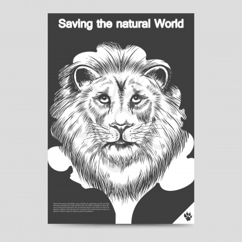 Saving nature brochure flyer template with lion head tree and lion fooprint A6format. Vector illustration