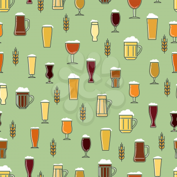 Colorful seamless pattern with glasses of beer and rye branch vector