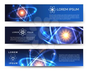 Scientific and technological banners with atom model. Nanotechnologies and atom banners, Vector illustration