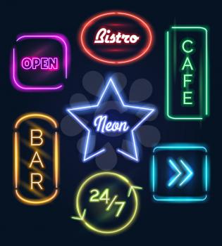 Coffee open and bar food neon signs vector icons on dark background