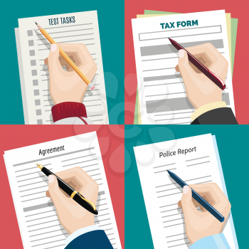 Hand with pen writing signing document form. Contract and tax form, task list and report vector illustration