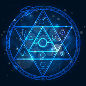 Mystical astrological sign with star of David and uroboros on shining background vector