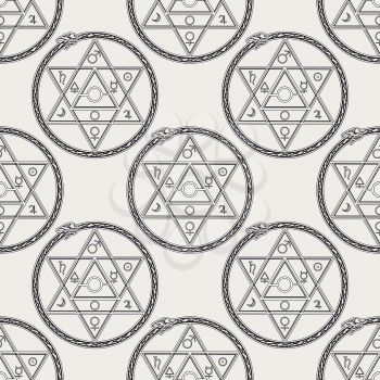 Seamless pattern with mystical astrological sign alchemy elements and uroboros
