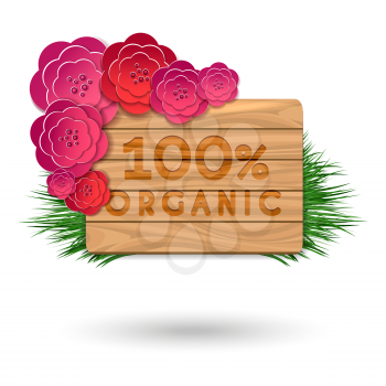 Organic wood banner with red flowers bouquet and grass isolated on white. Vector illustration