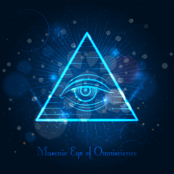 Masonic eye of Omniscience on blue shining background. Vector illustration