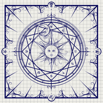 Sketch of alchemy magic circle on notebook background. Vector illustration