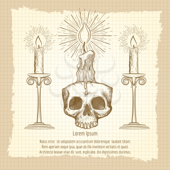 Skull and candles on vintage notebook page. Occult design vector illustration