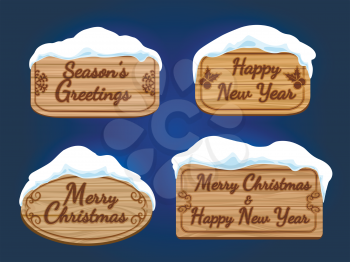 Wooden board signs with snow and Merry Christmas text vector illustration