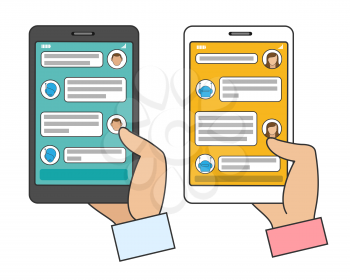 Chat bot connected. Man and woman chatting with AI chatbot in instant messenger on smartphone. Vector illustration