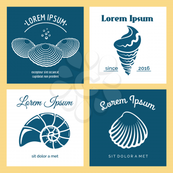 Vector oyster shell, scallop and seashells nautical logo templates set