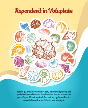Summer blue and yellow travel poster with vector hand drawn sketch seashells